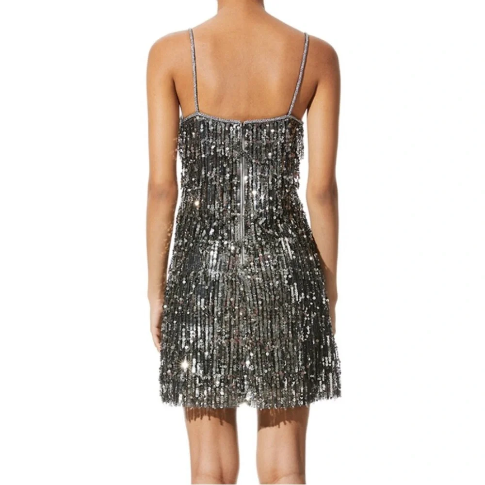 NWT Alice & Olivia Chicago Sequin Flapper Mini Dress in gunmetal silver - Picture 6 of 17